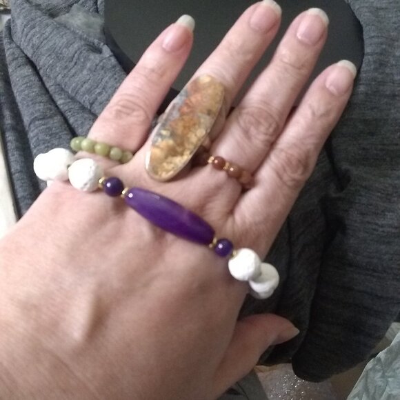 Purple Banded Agate + White Lava Rock - Chunky Bracelet for Larger Wrists 8" - Picture 7 of 9